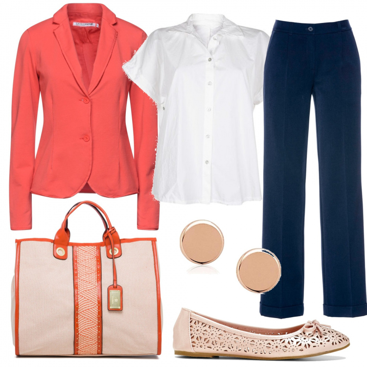 Outfit donna - Buon lavoro. Stile Bon Ton per Ufficio. Abbinamento con blazer, pantaloni, ballerine, camicie a manica corta, borse a mano, orecchini.