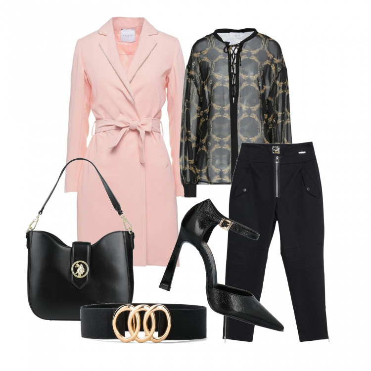 Outfit donna - Il cappotto confetto. Stile Chic per Tutti i giorni. Abbinamento con cinture, cappotti, décolleté, borse a mano, bluse, pantaloni.