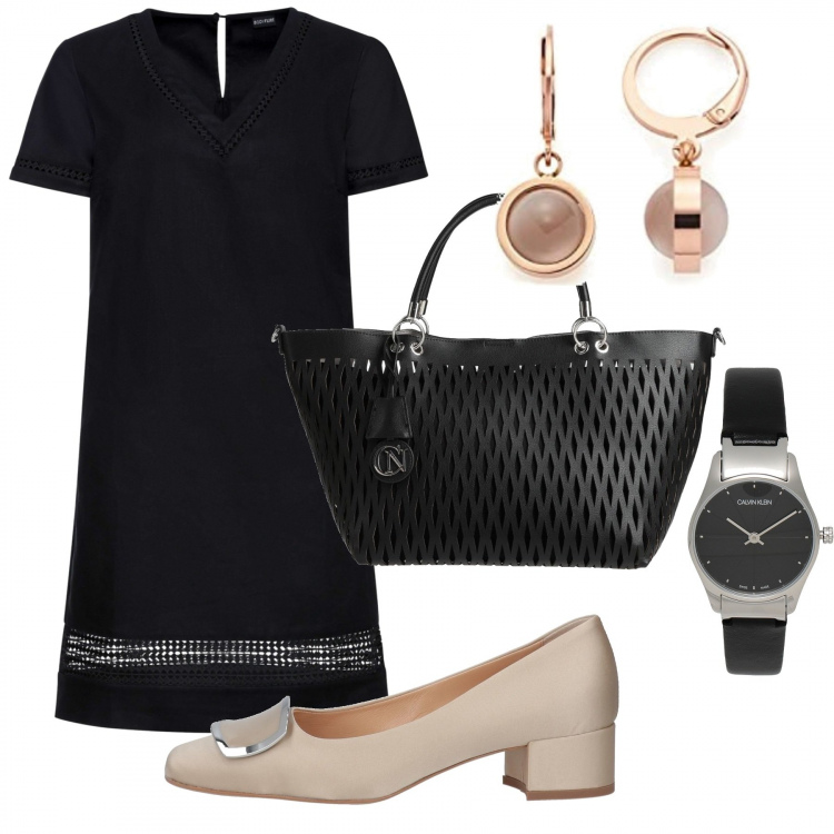 Outfit donna - Una donna semplice. Stile Bon Ton per Ufficio. Abbinamento con vestiti, décolleté, borse a mano, orologi, orecchini.