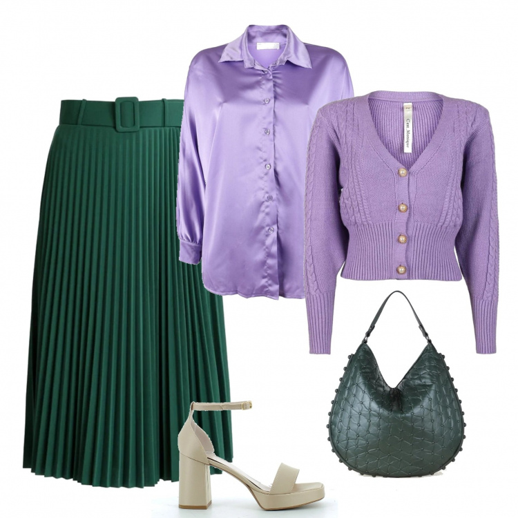 Outfit donna - Colori da abbinare al verde. Stile Chic per Tutti i giorni. Abbinamento con cardigans, gonne lunghe, camicie, borse a spalla, sandali col tacco.