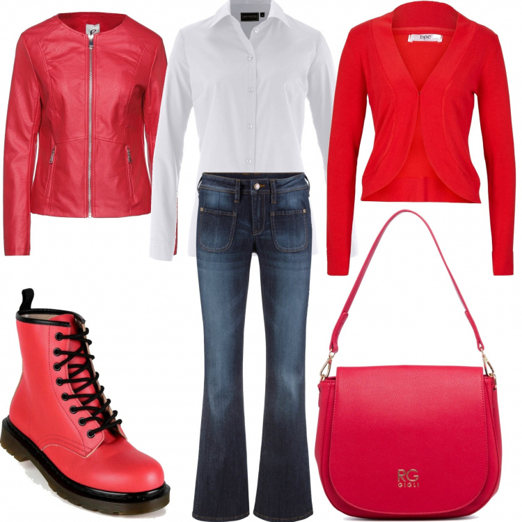 Outfit donna - Jeans e giubbotto rosso. Stile Trendy per Tutti i giorni. Abbinamento con camicie, blazer, jeans bootcut, giacche, anfibi, borse a tracolla.