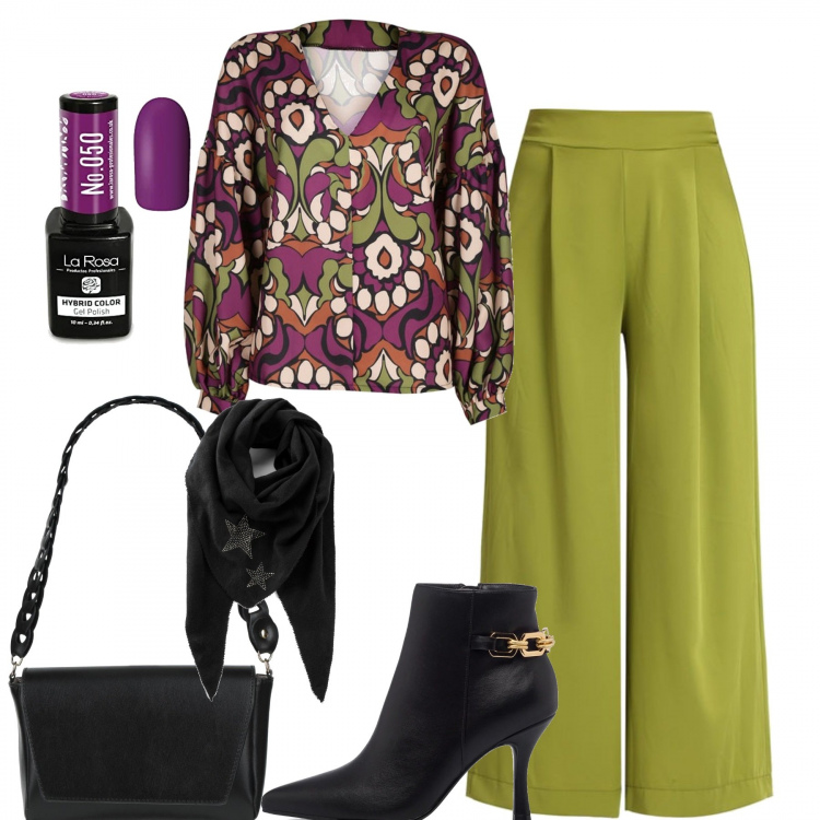 Outfit donna - I pantaloni verdi. Stile Glamour per Tutti i giorni. Abbinamento con foulard, borse a mano, pantaloni, bluse, stivaletti, smalti.