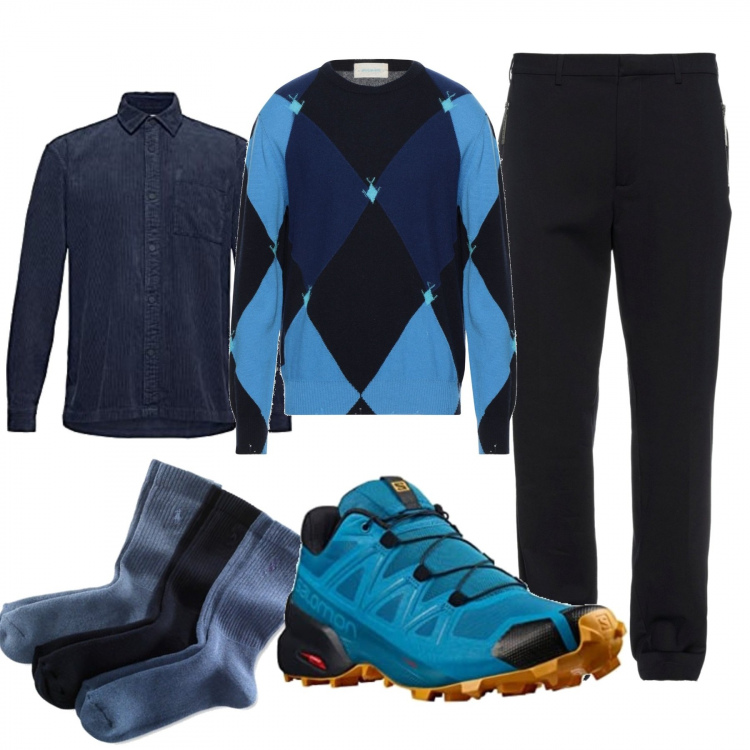 Outfit uomo - Blue socks. Stile Trendy per Ufficio. Abbinamento con pullovers, pantaloni, calzini, camicie, scarpe sportive.