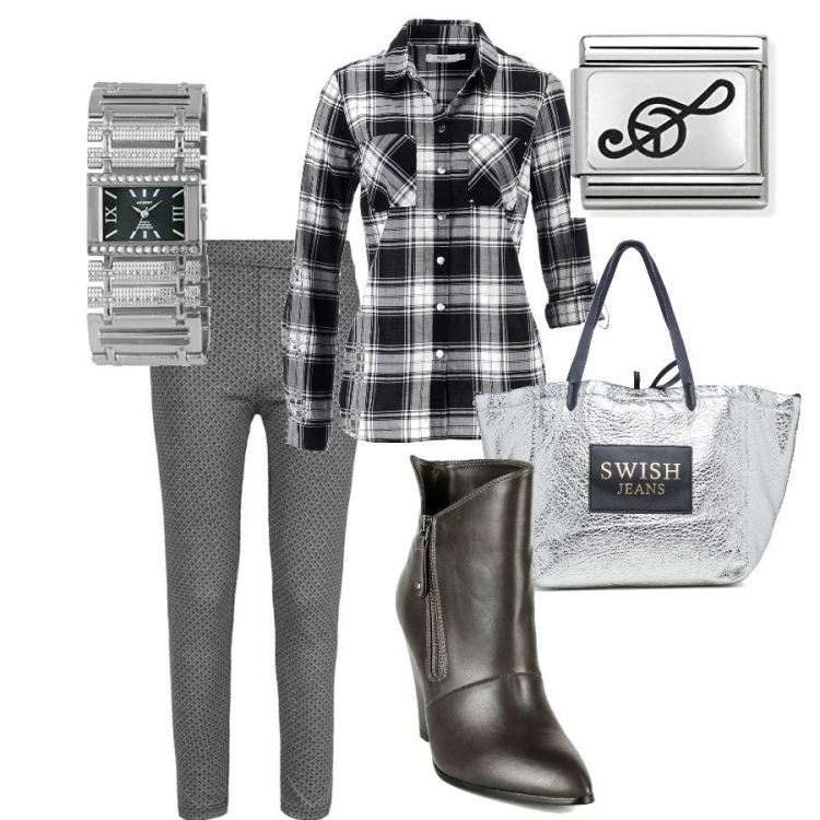 Outfit donna - In un quadro. Stile Casual per Tutti i giorni. Abbinamento con camicie, leggings, stivaletti, borse a spalla, orologi, ciondoli.
