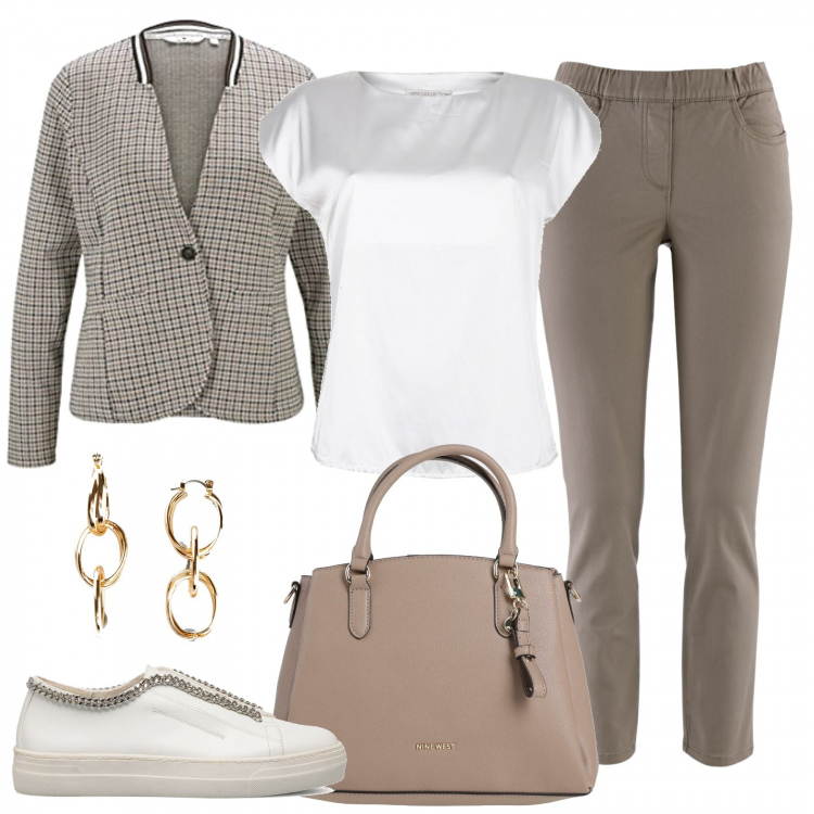 Outfit donna - Check in ufficio. Stile Casual chic per Ufficio. Abbinamento con pantaloni, orecchini, borse a mano, bluse, sneakers, blazer.