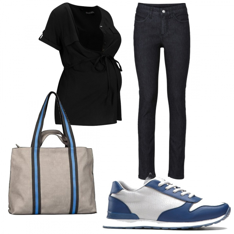 Outfit donna - Total look #1413299. Stile Basic per Tutti i giorni. look ideale per Premaman. Abbinamento con jeans skinny, camicie, sneakers, shopping bag.