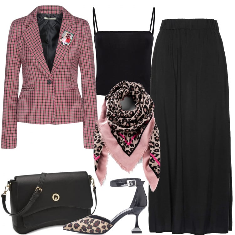 Outfit donna - I quadretti sposano l\'animaler. Stile Glamour per Ufficio. Abbinamento con foulard, gonne lunghe, blazer, canottiere, décolleté, borse a spalla.