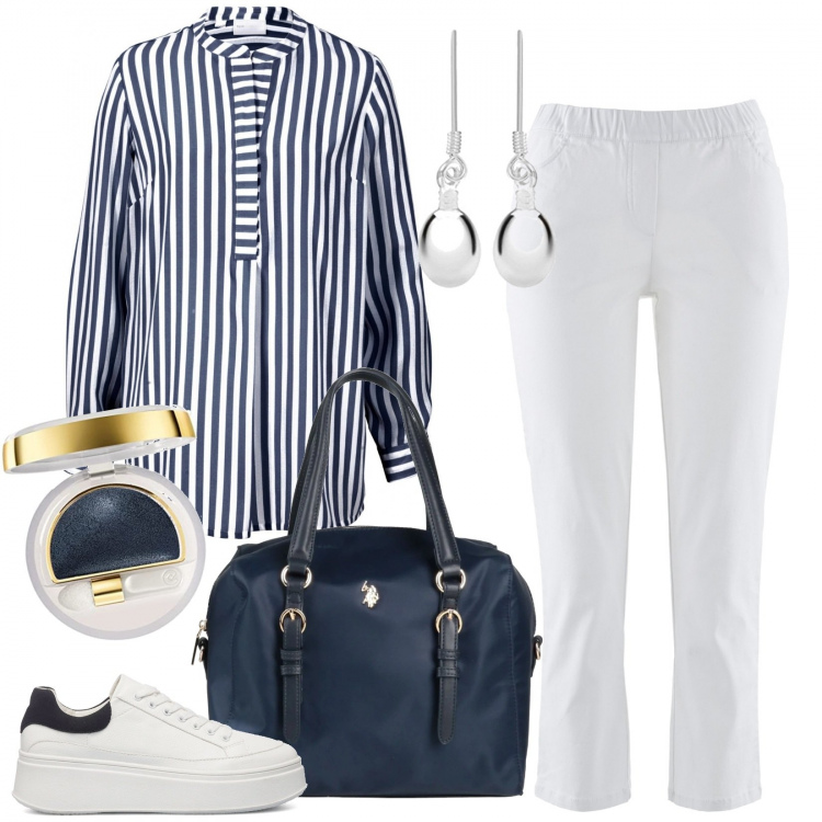 Outfit donna - Il camicione comodo a righe. Stile Casual chic per Tutti i giorni. Abbinamento con pantaloni, tuniche, borse a mano, sneakers, orecchini, ombretti.