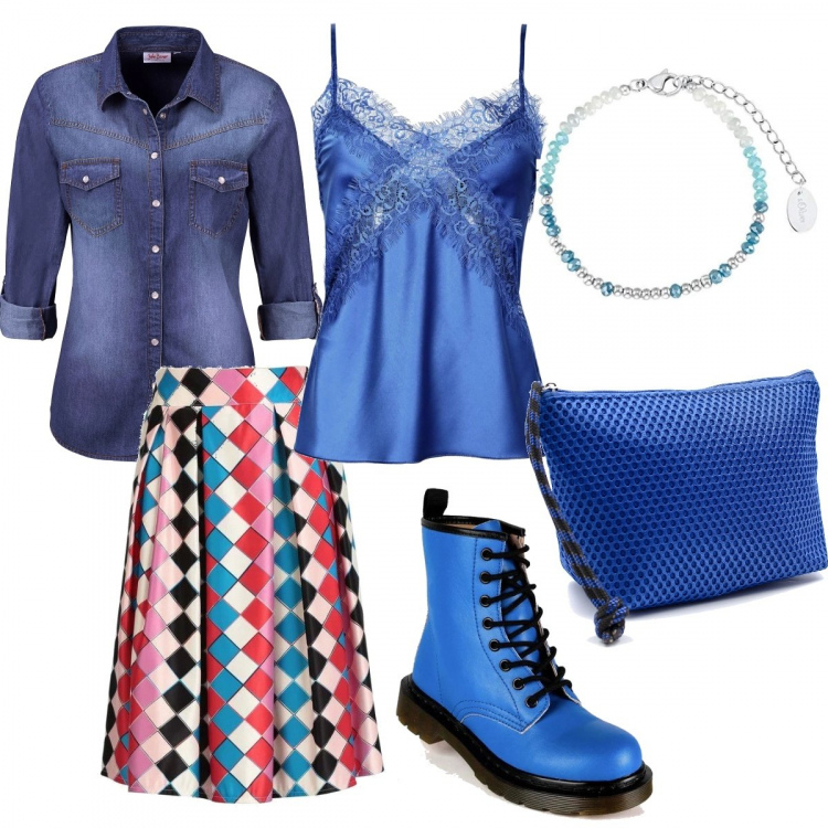Outfit donna - Camicia di jeans e gonna a ruota. Stile Rock per Tutti i giorni. Abbinamento con camicie, gonne lunghe, anfibi, top, pochette, braccialetti.