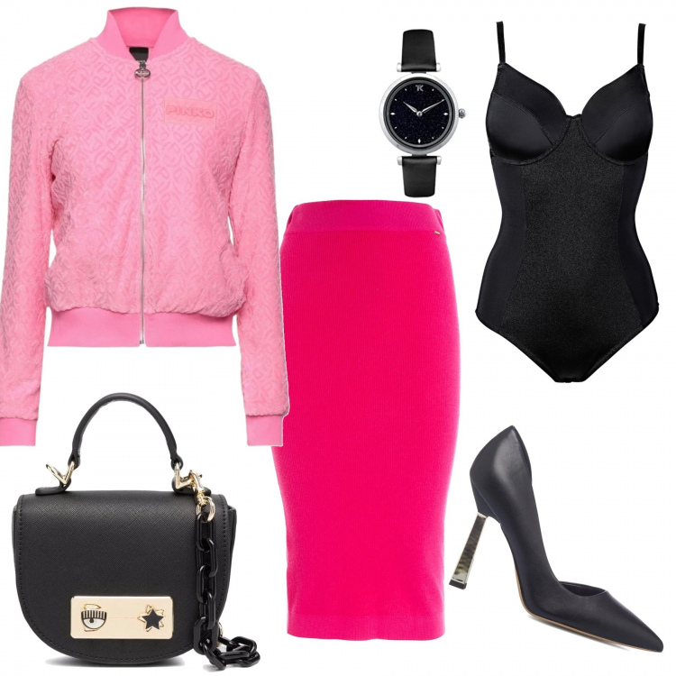Outfit donna - La gonna longuette. Stile Chic per Tutti i giorni. Abbinamento con body, giacche, gonne longuette, borse tote, décolleté, orologi.