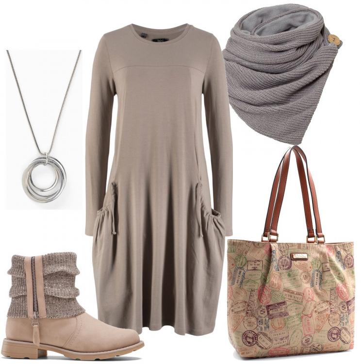 Outfit donna - Foulard al collo ed alle caviglie. Stile Urban per Tutti i giorni. Abbinamento con foulard, vestiti, stivaletti, collane, shopping bag.