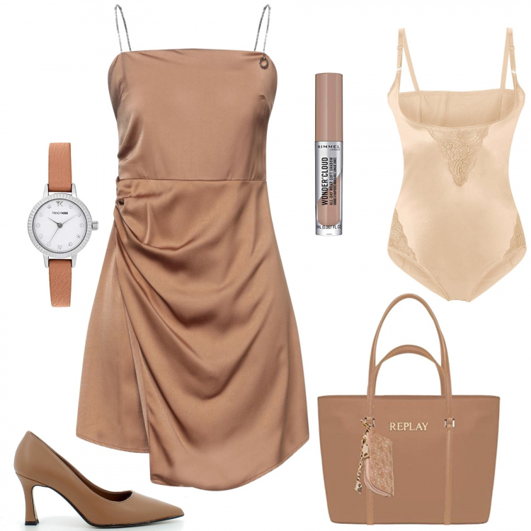 Outfit donna - Compleanno di mia sorella. Stile Chic per Serata fuori. Abbinamento con body, vestiti corti, sandali, borse a spalla, orologi, ombretti.