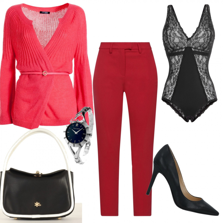 Outfit donna - Rosso e nero. Stile Chic per Ufficio. Abbinamento con body, pantaloni, décolleté, cardigans, borse a mano, orologi.