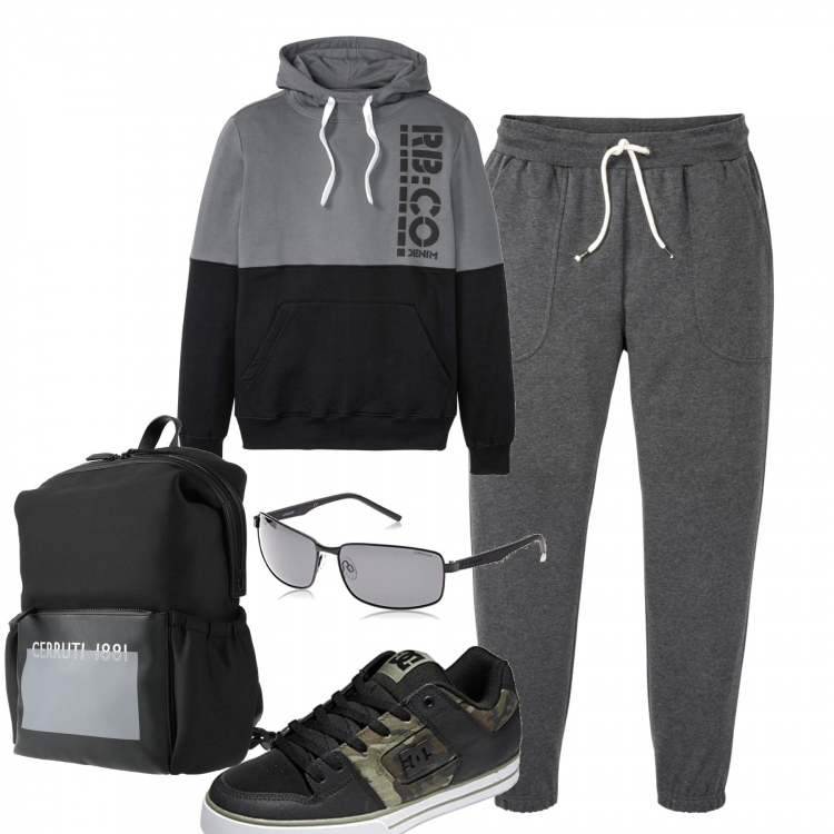 Outfit uomo - Sportivo. Stile Casual per Sport. Abbinamento con felpe con cappuccio, pantaloni, borse sportive, occhiali da sole, sneakers.