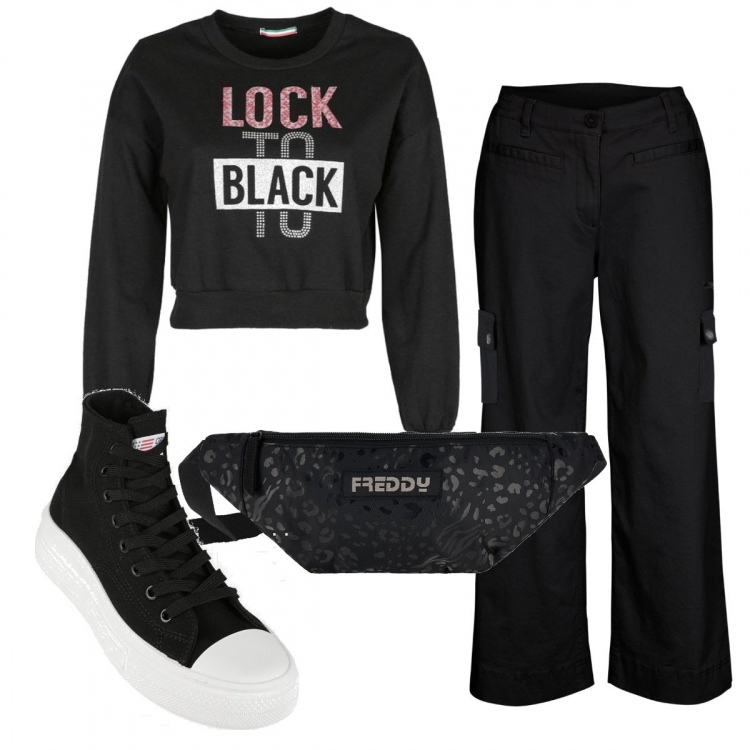 Outfit donna - Total look #1414213. Stile Basic per Sport. Abbinamento con pantaloni cargo, felpe, sneakers alte, marsupi.