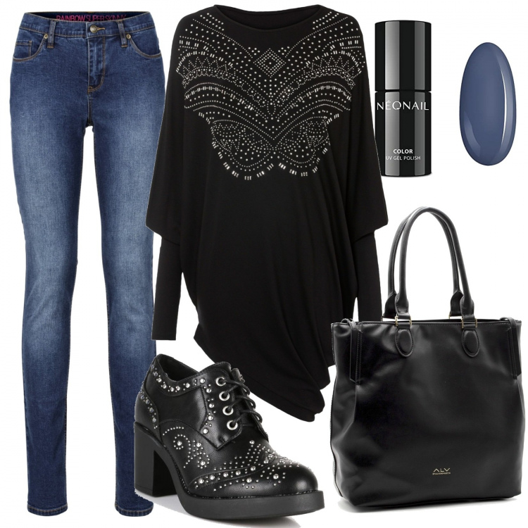 Outfit donna - Comodità con le borchie. Stile Glamour per Tutti i giorni. Abbinamento con jeans skinny, maglieria, francesine, shopping bag, smalti.