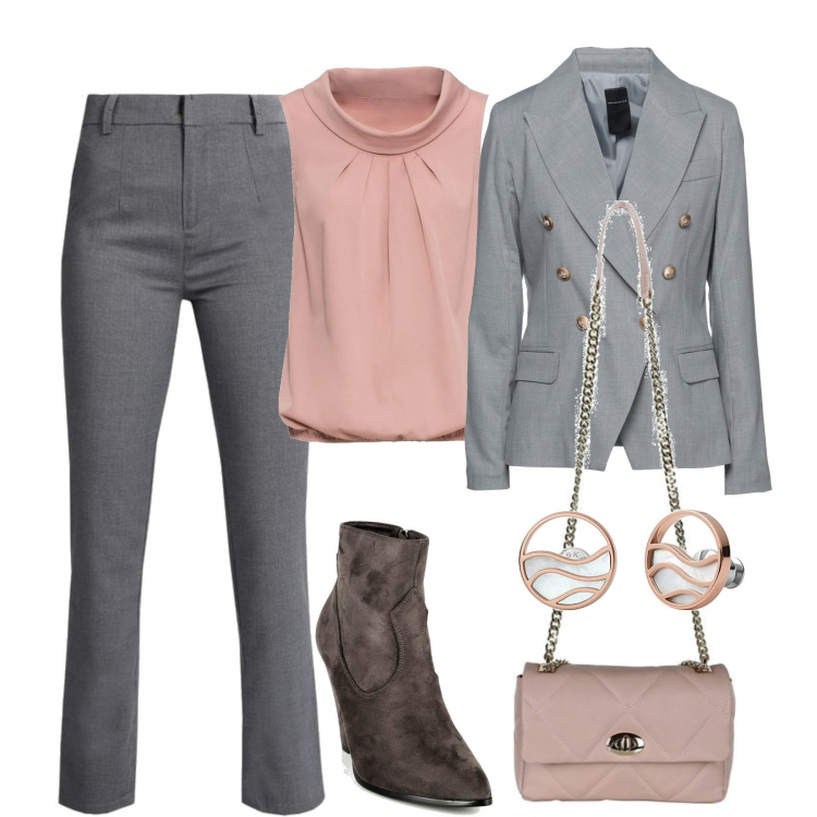 Outfit donna - In città. Stile Casual chic per Tutti i giorni. Abbinamento con blazer, top, pantaloni, stivaletti, borse a tracolla, orecchini.