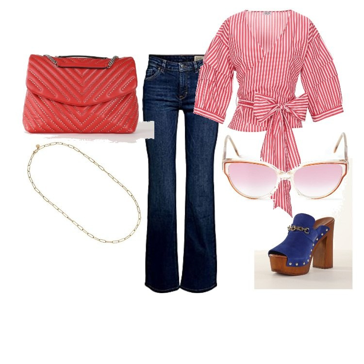 Outfit donna - Total look #1414417. Stile Casual chic per Tutti i giorni. Abbinamento con camicie, zoccoli, borse a spalla, occhiali da sole, jeans bootcut, collane.
