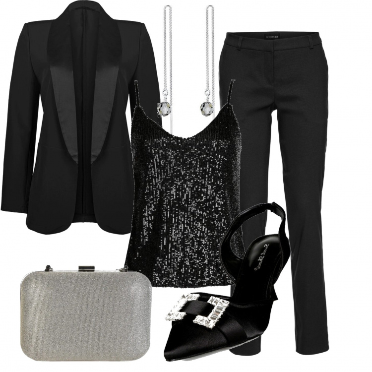 Outfit donna - Chic #13986. Stile Chic per Serata fuori. Abbinamento con pantaloni, blazer, top, décolleté, pochette, orecchini.