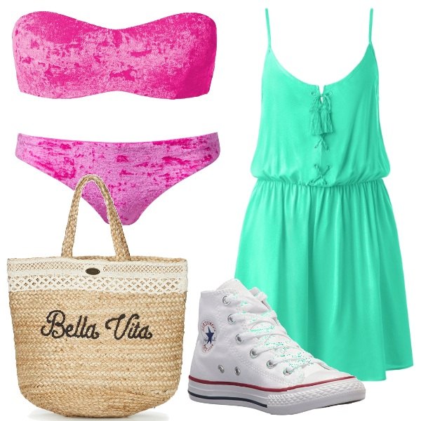 Outfit donna - Il bikini in ciniglia. Stile Basic per Mare. Abbinamento con borsa beige, sneakers bianco, bikini con fiocco e fasce in velluto traspirante rosa, vestito con spalline sottili, bikini.