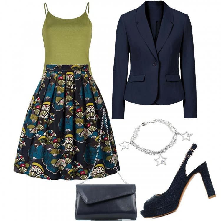 Outfit donna - La gonna a ruota. Stile Bon Ton per Serata fuori. Abbinamento con blazer, top, scarpe col tacco, clutch, gonne longuette, braccialetti.
