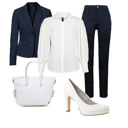Outfit donna - Semplicità ed eleganza. Stile Casual chic per Ufficio. Abbinamento con blazer, pantaloni, camicie, borse a mano, scarpe col tacco.