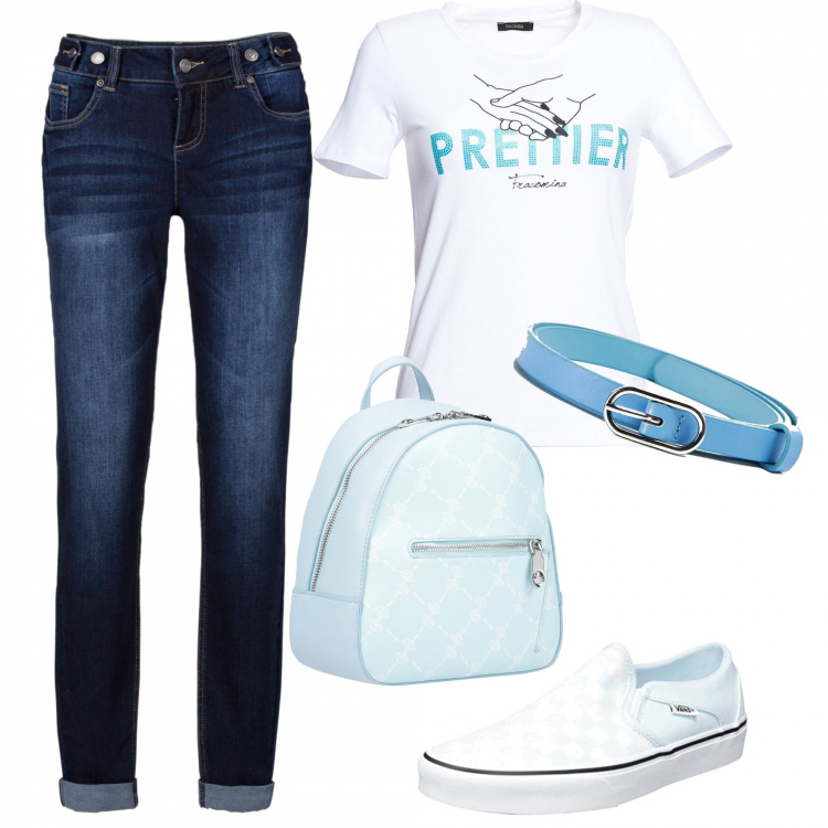 Outfit donna - I miei jeans. Stile Casual per Scuola/Università. Abbinamento con jeans boyfriend, zaini, cinture, t-shirt, sneakers.