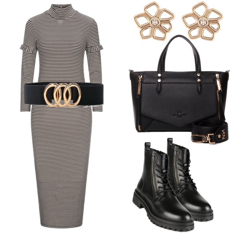 Outfit donna - Il vestito a righe. Stile Trendy per Serata fuori. Abbinamento con cinture, vestiti midi/longuette, anfibi, borse a mano, orecchini.