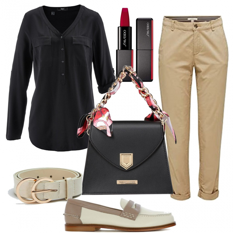 Outfit donna - Beige, avorio, nero. Stile Minimal per Ufficio. Abbinamento con bluse, borse a mano, cinture, mocassini, pantaloni, rossetti.