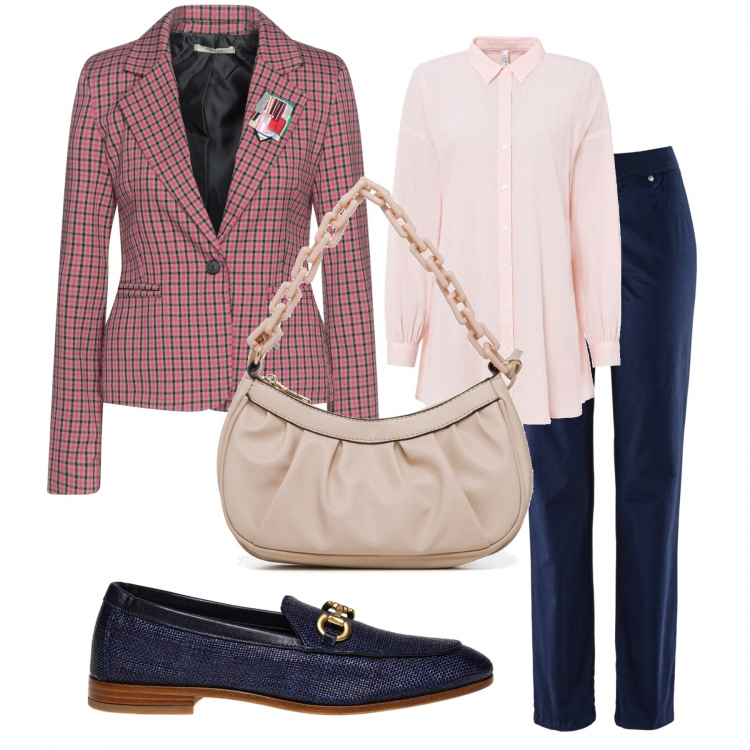 Outfit donna - Giacca rosa per l\'ufficio. Stile Casual chic per Ufficio. Abbinamento con pantaloni sportivi, camicie, blazer, mocassini, borse a mano.