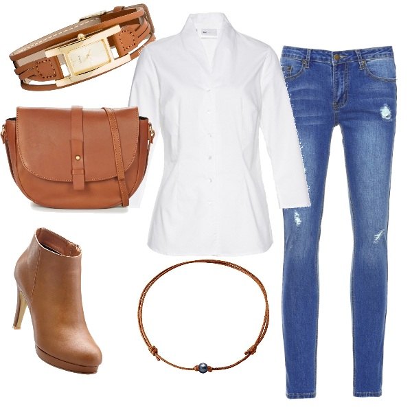 Outfit donna - Casual. Stile Urban per Ufficio. Abbinamento con camicie, tronchetti con plateau e zip marrone, orologio con cinturino in pelle sintetica forma intrecciata marrone, borsa a tracolla marrone, jeans skinny, collana con perle girocollo marrone.