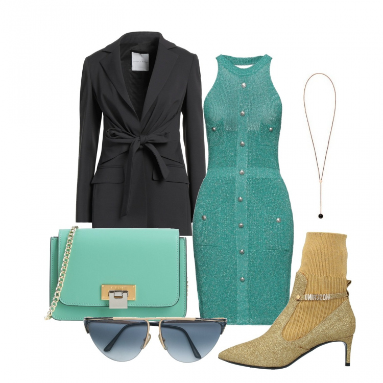 Outfit donna - Tubino da giorno. Stile Glamour per Tutti i giorni. Abbinamento con stivaletti, vestiti corti, blazer, borse a tracolla, occhiali da sole, ciondoli.