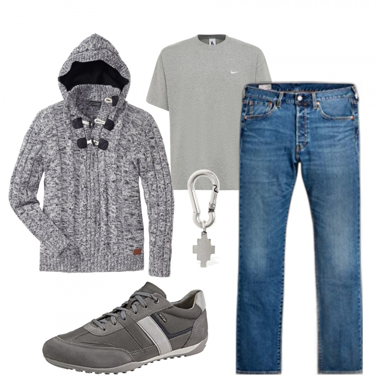 Outfit uomo - Primi freddi di stagione. Stile Casual per Tutti i giorni. Abbinamento con maglieria, t-shirt, jeans dritti, orecchini, sneakers.