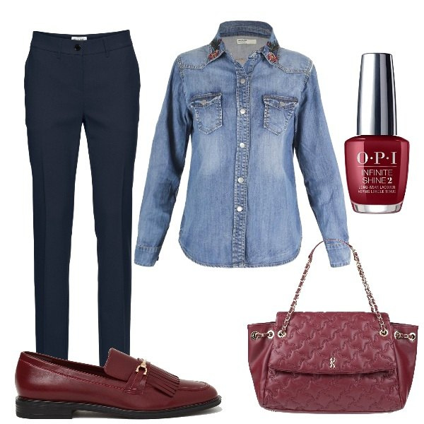 Outfit donna - Camicia di jeans e mocassino. Stile Casual chic per Tutti i giorni. Abbinamento con pantaloni, borse a mano, camicie, mocassini, smalti.