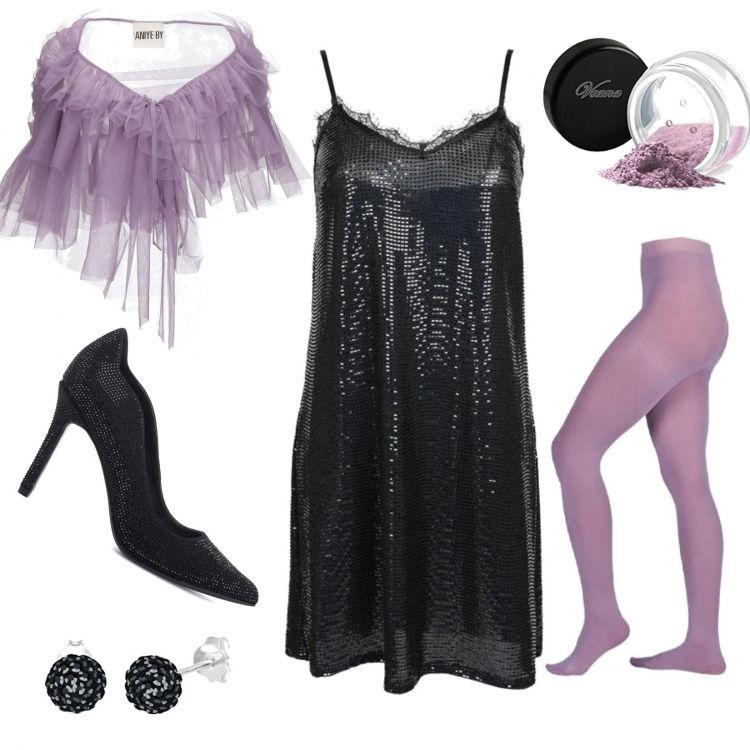Outfit donna - Tutto può succedere. Stile Sexy per Serata fuori. Abbinamento con bolero, vestiti corti, collant, décolleté, ombretti, orecchini.