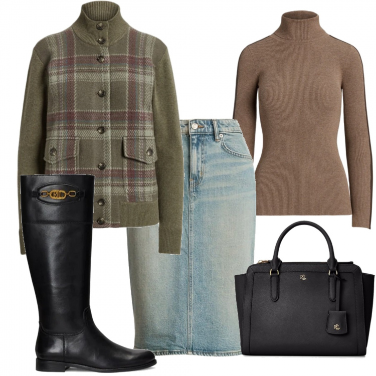 Outfit donna - Total look #1416078. Stile Casual per Tutti i giorni. Abbinamento con gonne, borse a mano, cappotti, stivali, maglieria.