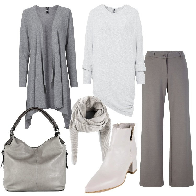 Outfit donna - Minimal con stile. Stile Minimal per Ufficio. Abbinamento con cardigans, pantaloni a palazzo, trench, sciarpe, stivaletti, borse a spalla.