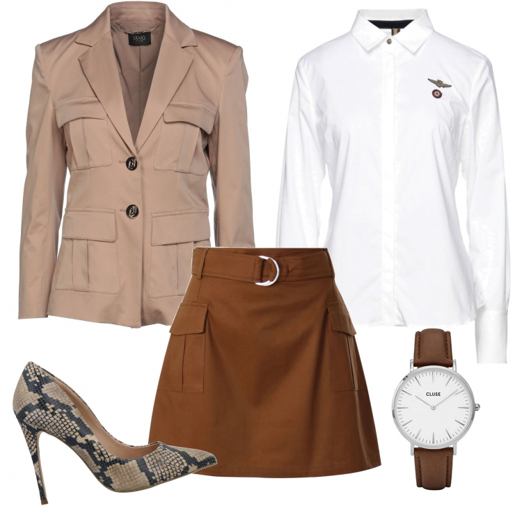 Outfit donna - Casual chic #19126. Stile Casual chic per Ufficio. Abbinamento con blazer, camicie, décolleté, minigonne, orologi.