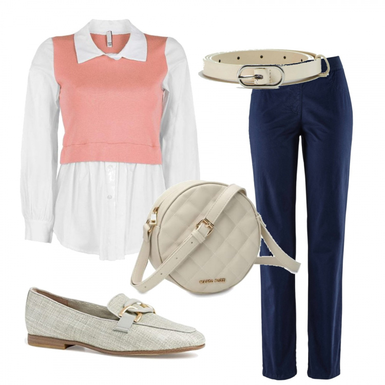 Outfit donna - Miss white. Stile Bon Ton per Scuola/Università. Abbinamento con pantaloni sportivi, cinture, camicie, mocassini, borse a spalla.