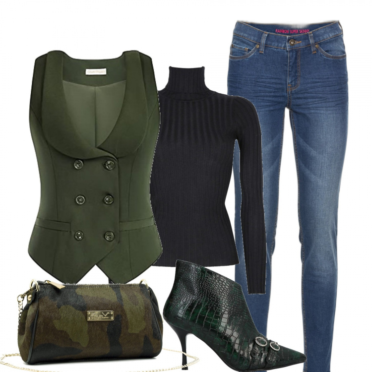 Outfit donna - Il gilè verde. Stile Vintage retrò per Tutti i giorni. Abbinamento con jeans skinny, stivaletti, pullovers, pochette, gilet.