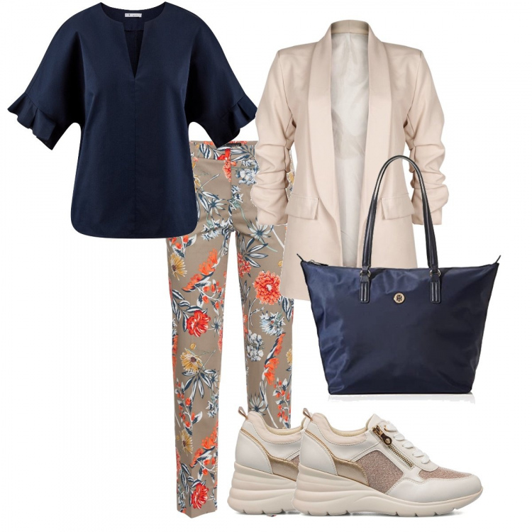 Outfit donna - In ufficio con le sneakers. Stile Trendy per Ufficio. look ideale per Tall. Abbinamento con pantaloni, blazer, sneakers, camicie, borse tote.