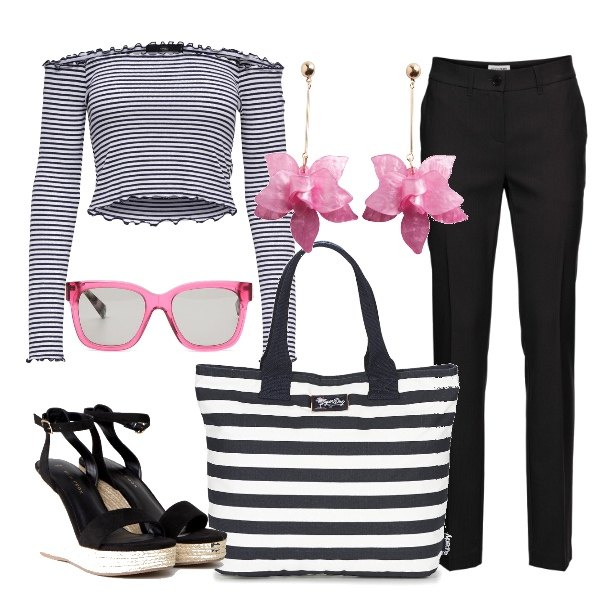 Outfit donna - In riga!. Stile Bon Ton per Tutti i giorni. Abbinamento con pantaloni, borsa blu, espadrillas con zeppe, top a righe con ruches cropped elasticizzato bianco, occhiali da sole e montature per occhiali da vista fantasia effetto acetato, orecchini rosa.