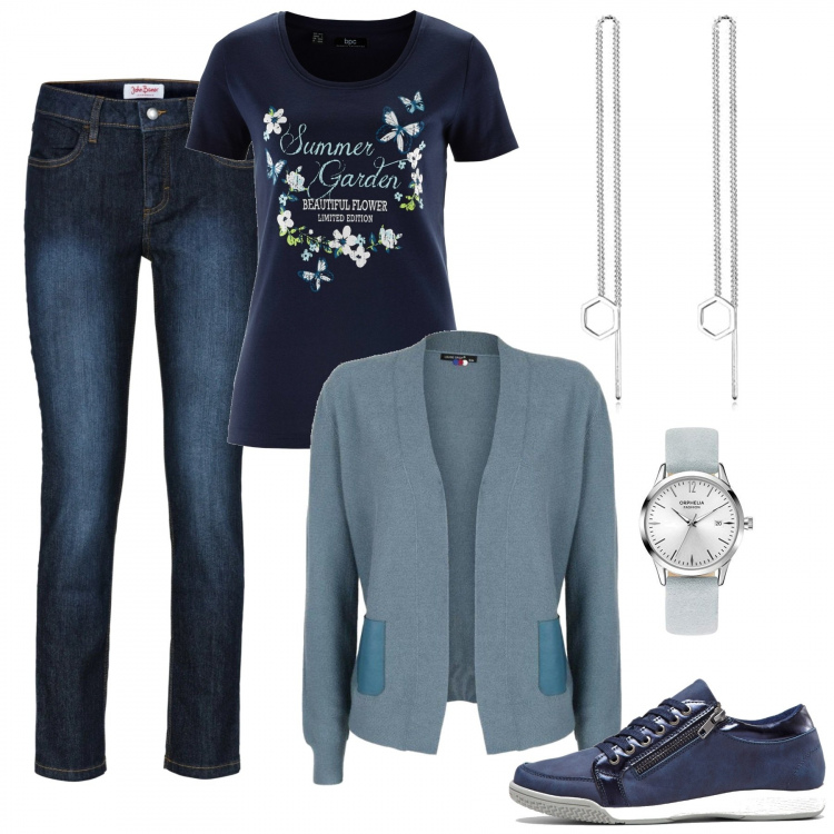 Outfit donna - Smart working. Stile Casual per Tutti i giorni. Abbinamento con t-shirt, jeans slim fit, sneakers alte, cardigans, orologi, orecchini.