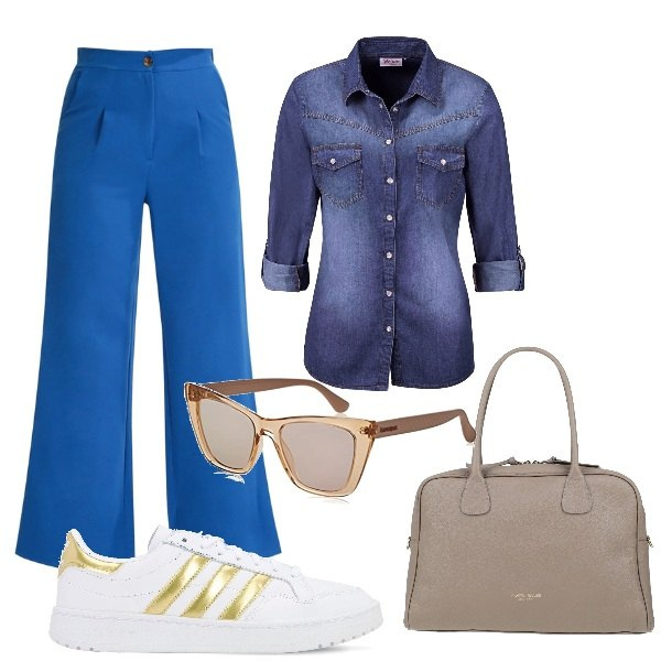 Outfit donna - AL mare a settembre. Stile Casual chic per Mare. Abbinamento con borse a mano, camicie, pantaloni, sneakers, occhiali da sole.