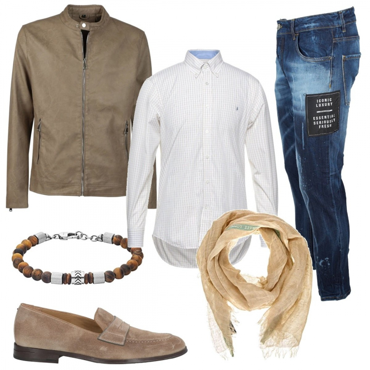 Outfit uomo - Cambi di stagione. Stile Casual per Tutti i giorni. Abbinamento con giacche, jeans, camicie, scarpe stringate, sciarpe, braccialetti.