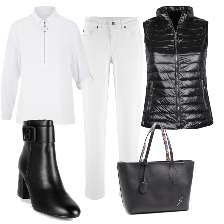 Outfit donna - Linee pulite. Stile Basic per Tutti i giorni. Abbinamento con jeans mom, tuniche, gilet, stivaletti, borse a spalla.