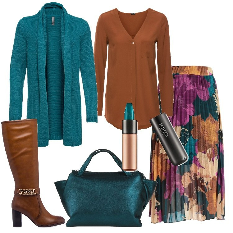 Outfit donna - Autunno alle porte. Stile Casual chic per Ufficio. Abbinamento con cardigans, camicie, borse messenger, gonne lunghe, stivali, rossetti.