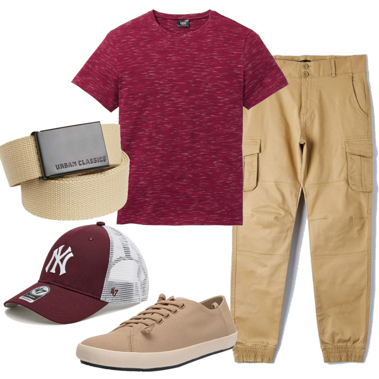 Outfit uomo - Beige e rosso. Stile Urban per Tutti i giorni. Abbinamento con t-shirt, pantaloni cargo, cappelli con visiera, cinture, sneakers.