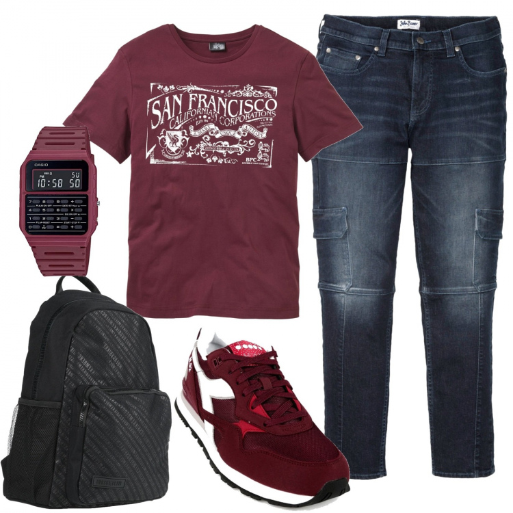 Outfit uomo - Back to school. Stile Urban per Tutti i giorni. Abbinamento con jeans slim fit, t-shirt, borse sportive, sneakers, orologi.