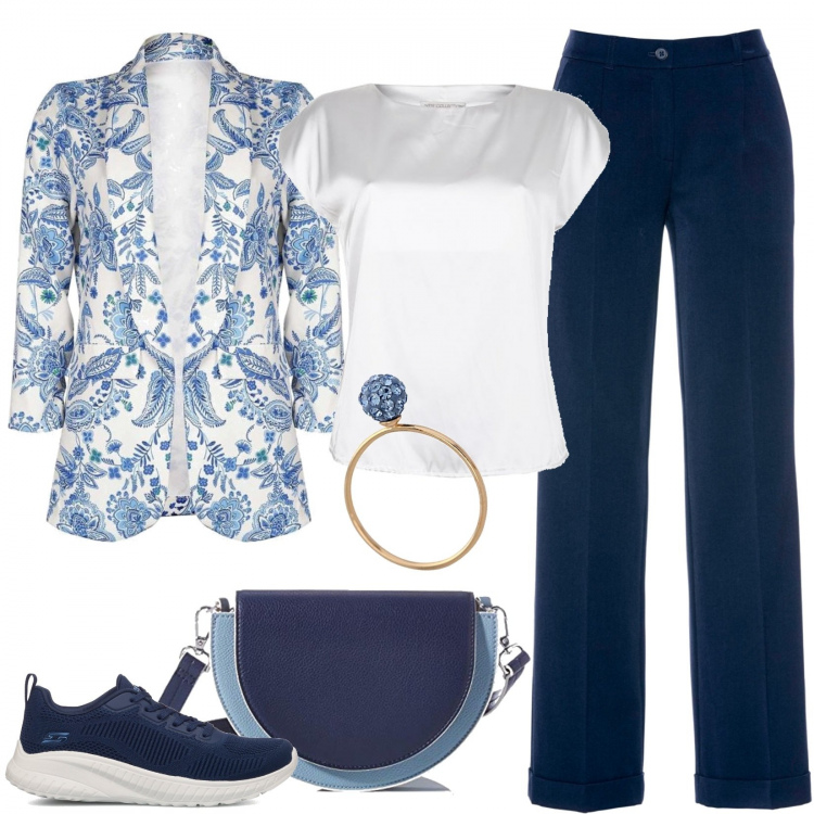 Outfit donna - Comoda e felice. Stile Basic per Tutti i giorni. Abbinamento con pantaloni, blazer, bluse, sneakers, borse a cartella, anelli.